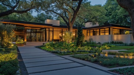 Obraz premium Modern house with landscaped garden at dusk.