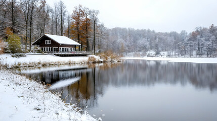 Fototapeta premium Snowy lake house winter landscape; tranquil retreat