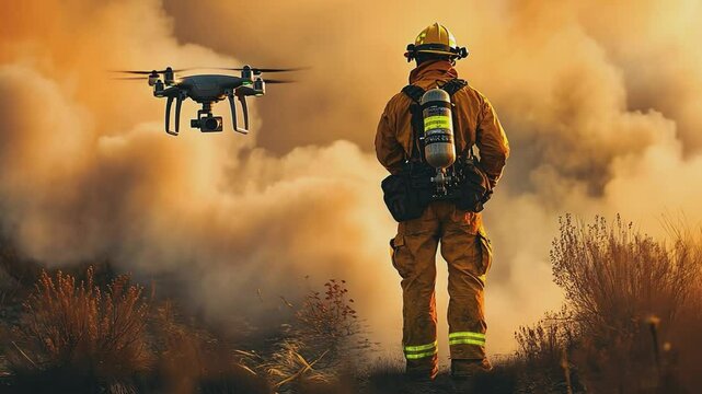 The Vigilant Guardian: A brave firefighter, silhouetted against a backdrop of a wildfire, utilizes a drone to survey the devastating scene and strategize the best path forward.