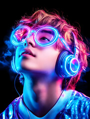 Fototapeta premium Teen listening music, neon lights, dark background, album art