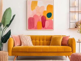 cozy living room with mustard yellow sofa and abstract art