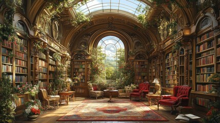 Luxurious Library Garden View