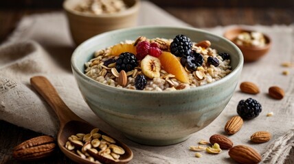 Warm bowl of oatmeal topped with fresh fruit, nuts, and granola. Perfect for food, breakfast, and healthy lifestyle, generate AI