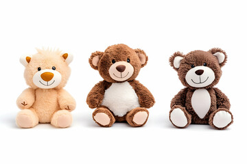 Three plush teddy bears on white background; kids toys