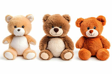 Three teddy bears sitting on white background; perfect for children's product marketing