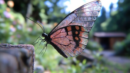 Colorful butterfly perched on a wooden post in a lush garden with blurred background