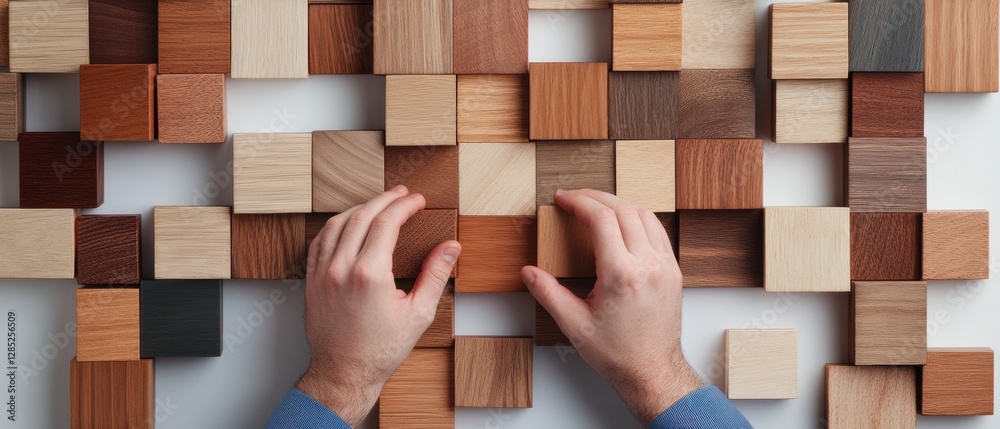 Poster hands-on strategy creation wooden blocks on desk - engaging business development content for contemp