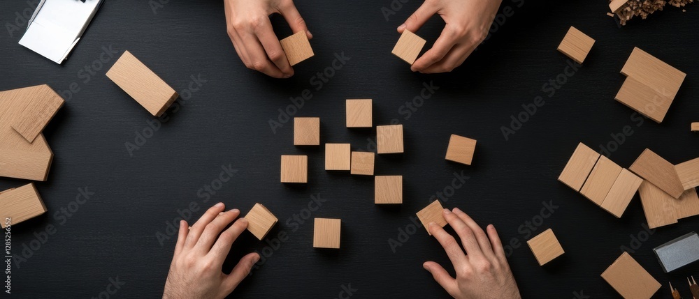 Poster modern nordic business strategy layout wooden blocks on dark desk surface for professional developme