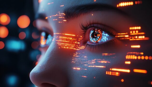 Biometric facial recognition system with glowing holographic data, sleek tech environment, soft vibrant lighting, photorealistic