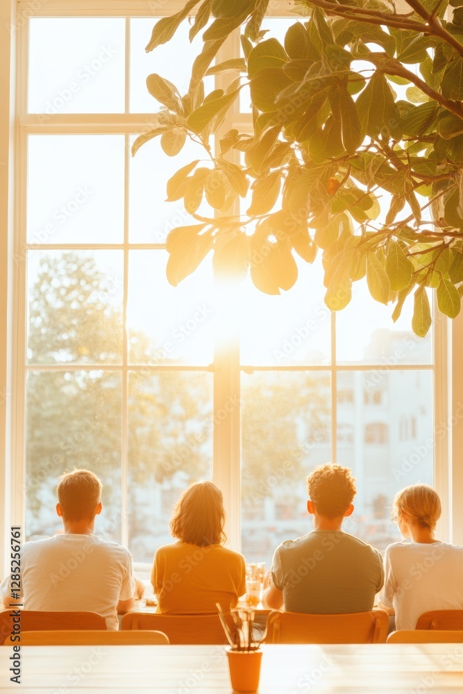 Poster sunlit open office collaboration team dynamics underneath urban foliage in a modern workspace - opti