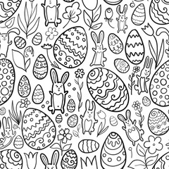 easter bunny rabbit cute kawaii animal black and white seamless pattern with flowers eggs coloring page 
