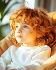 Fototapeta premium Toddler with curly hair, pensive gaze, indoor setting, sunlight