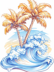 Tropical beach palm trees ocean wave summer vacation postcard