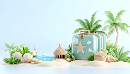 Obraz premium Tropical beach vacation suitcase, travel planning