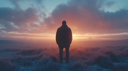 A solo explorer gazes at a dramatic winter sunset in North Yorkshire Moors, surrounded by tranquil snow clouds and soft winter hues over undulating terrain, symbolizing solitude and contemplation