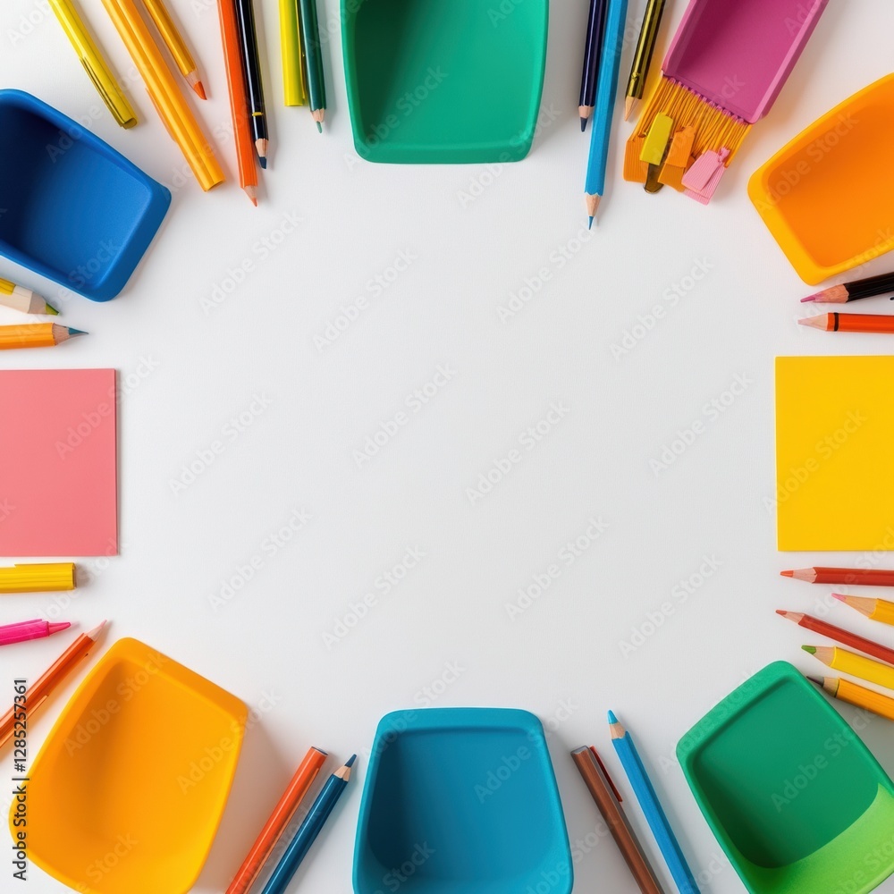 Aufkleber vibrant educational workspace colorful stationery display with plastic containers on white surface -