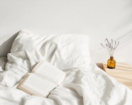 Sleepmaxxing Serenity Minimalist Bedroom with Linen Bedding and Lavender in Sunlit Setting - Stock Content for Wellness Brands and Bedroom Decor Marketing - Powered by Adobe