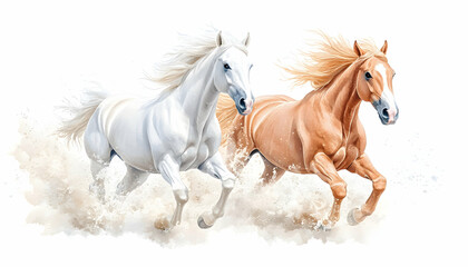 Obraz premium Two majestic horses galloping on sand, white background, art print