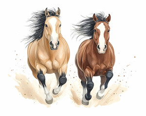 Fototapeta premium Two palomino and bay horses galloping, dust flying, white background, equestrian art print