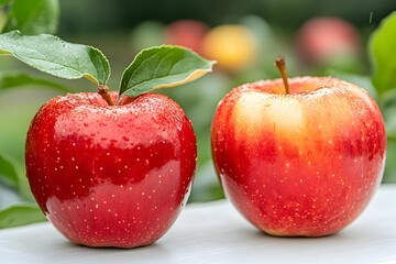 Two red apples on table, orchard background, healthy food