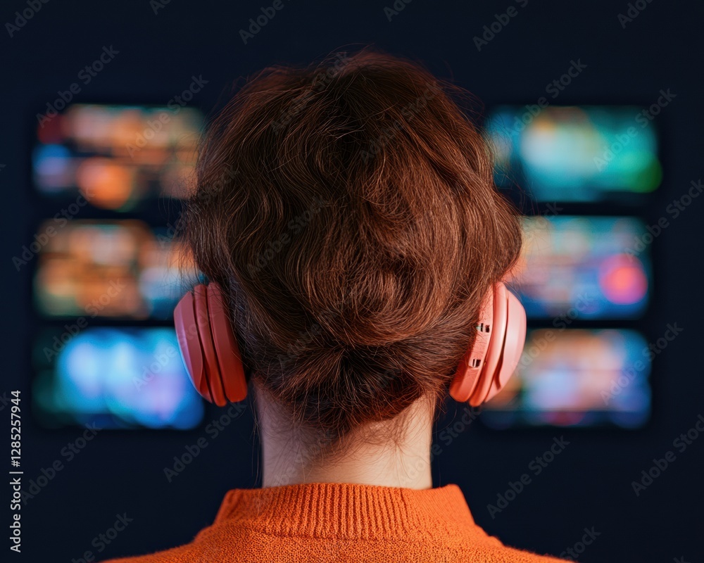 Poster Multiscreen Command Center Woman Supervisor in Noise-Canceling Headset with Modern Ergonomic Workspace - Advanced Security and Monitoring Systems for Corporate Surveillance Efficiency