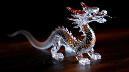 Fototapeta premium Intricate glass dragon sculpture with vibrant colors, showcasing craftsmanship on a dark wooden surface