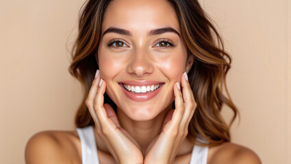 Happy Women's Day: Woman Smiling with Her Flawless Glow Skin.advertisement, banner, card,copy text space,birthday party invite invitation.