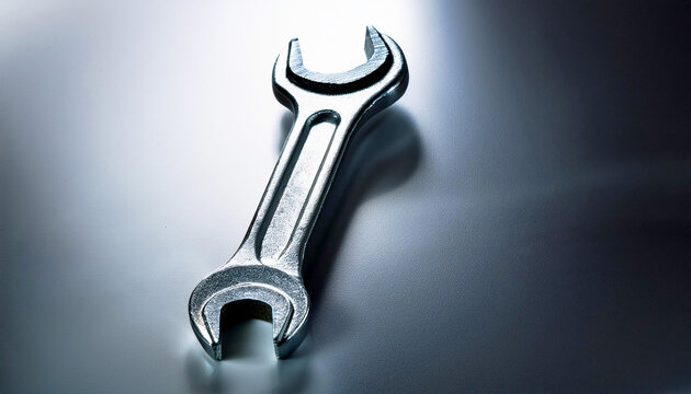 wrench and nut, A metallic double ended wrench with a minimalistic design, placed on a neutral background, symbolizing mechanics, repair, and engineering tools