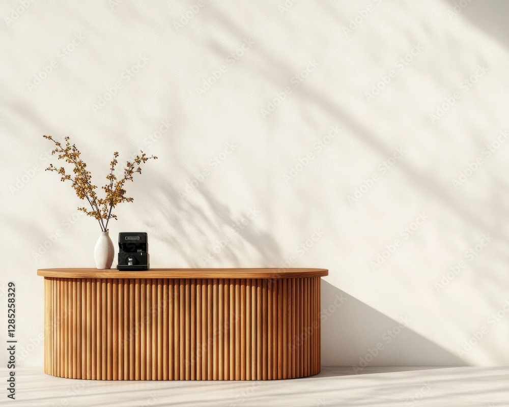 Poster minimalist retail display curved wooden counter with vase and whole-leaf plant - enhancing modern bu