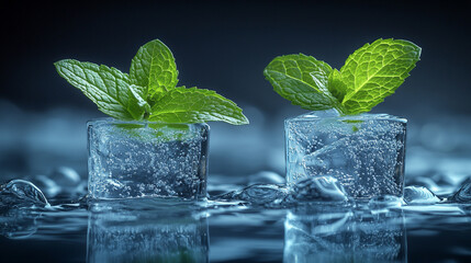 Invigorating mint ice cold, crisp fresh cool frozen flavor, aromatic leaf cube peppermint, refreshing natural chilled, delicious tasty freshness modern