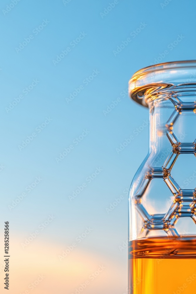 Aufkleber Sleek Molecular Structure Visualization Hexagonal Glass and Amber Liquid in High-Tech Research Setting - Innovation in Scientific Data Analysis and Laboratory Design