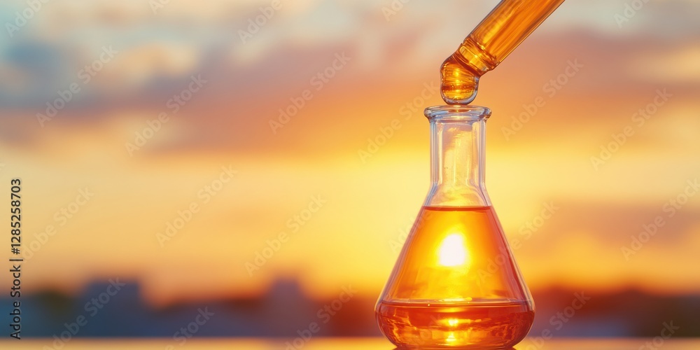 Poster Sunset-inspired Lab Flask with Amber Liquid Sleek Glassware in Scientific Research Settings - Enhancing Analytical Precision for Biotech Innovation and Environmental Solutions