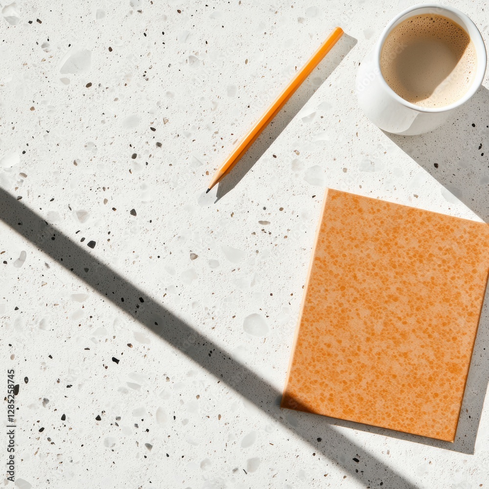Aufkleber minimalist workspace aesthetic terrazzo desk with warm-toned notepad and pencil - enhancing focus an