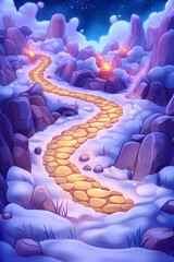 Obraz premium Winding stone path through snowy mountains at night, magical game background