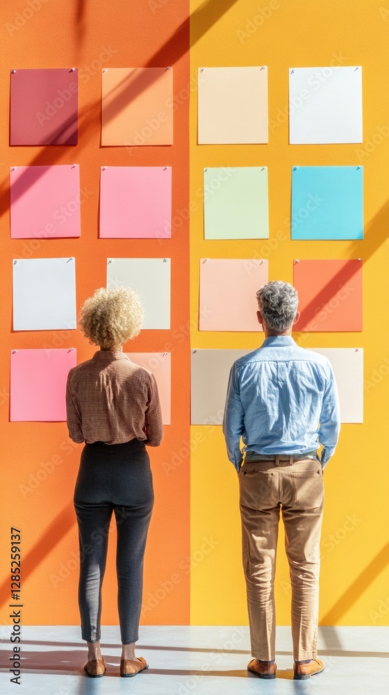 Poster Dynamic Task Card Organization Two Professionals Engaging with Colorful Charts on Vibrant Wall - Modern Workflow Strategies for Creative Team Management in Business Environments
