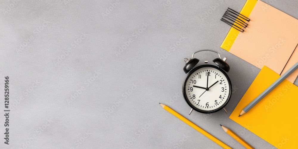 Aufkleber vintage alarm clock and minimalist stationery on concrete deskboost time management in modern worksp