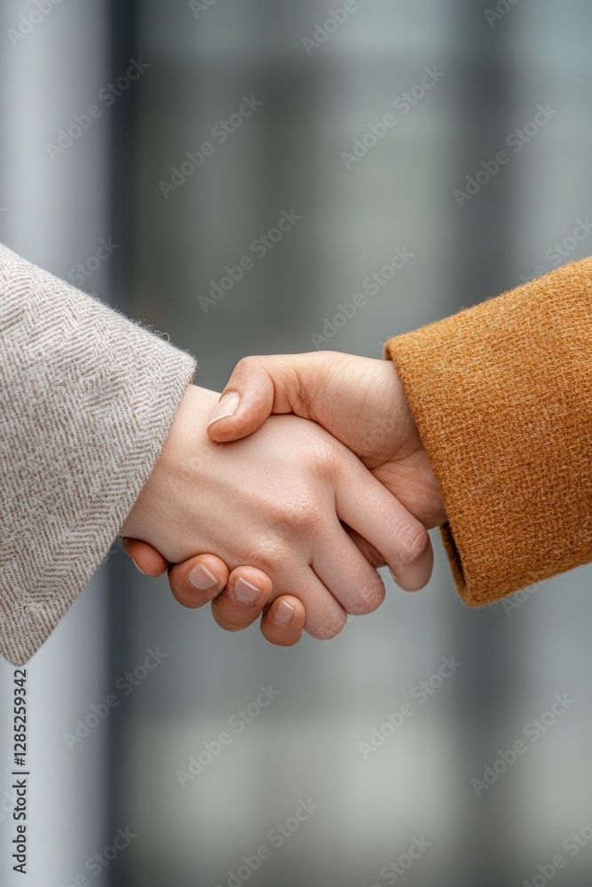 Poster Haptic Connection in Modern Corporate Attire Professional Handshake in Textured Wool, Elevating Business Networking and Relationship Building for Contemporary Office Environments