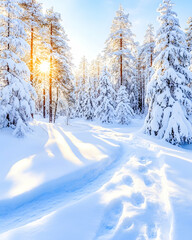 Winter sunrise path through snowy forest