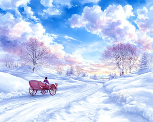 Winter sunset, horse-drawn carriage ride, snowy road, peaceful landscape, holiday card