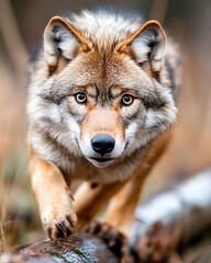 Obraz premium Wolf stalking prey in autumn forest; wildlife photography