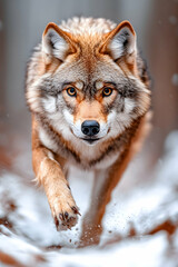 Obraz premium Wolf running through snowy forest, winter wildlife