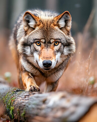 Obraz premium Wolf walking forest autumn nature wildlife