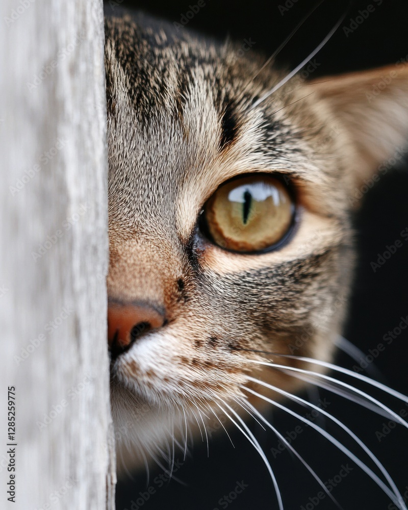 Poster minimalist portrait of tabby cat close-up capturing feline grace on textured neutral backdrop for fi