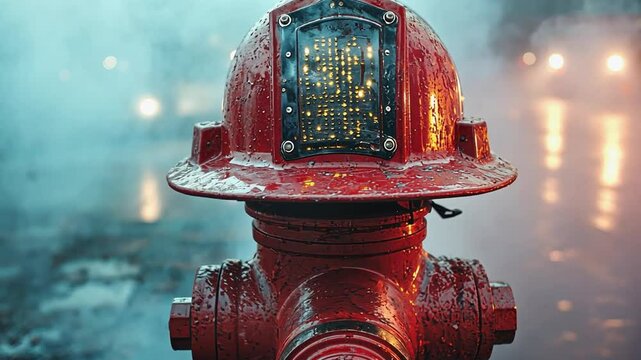 Fire Hydrant's Cyberpunk Fusion: A red fire hydrant stands in the rain-slicked street with cyberpunk helmet, a symbol of the intersection of emergency services and technological innovation. 