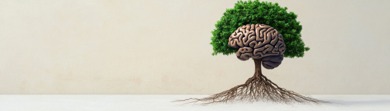 Conversion disorder psychology cognitive FND. Tree with brain design symbolizing growth and intellect.
