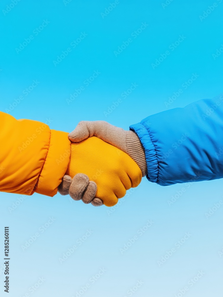 Aufkleber Vibrant Winter Connection Colorful Gloved Handshake Against Clear Sky - Inclusive Networking Image for Community Engagement and Resilient Business Partnerships
