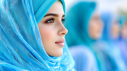 Naklejka premium Woman in hijab, thoughtful gaze, outdoor group, sunny day, profile portrait