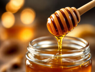 Close up of golden honey dripping from a wooden honey dipper into a glass jar.
