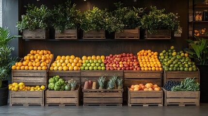A fresh fruit display is set up in a warehouse with wooden crates.