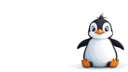 Fototapeta premium cheerful cartoon penguin with orange feet and beak, sitting on ice